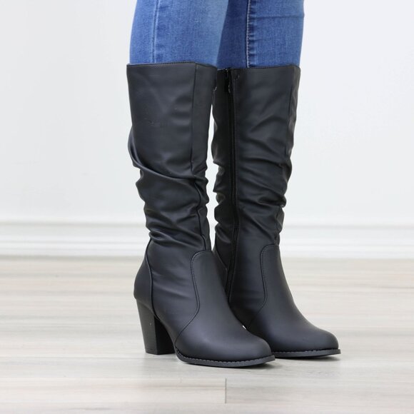 Black Mid Calf Heeled Boots Synthetic Leather Pointed Toe Womens - Picture 15 of 15